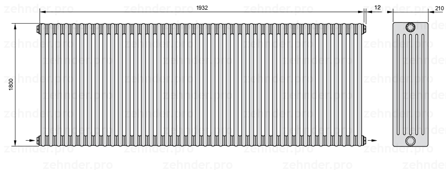 Схема (чертеж) Радиатор Zehnder Charleston 6180/42 №2670 Белый глянцевый RAL 9016
